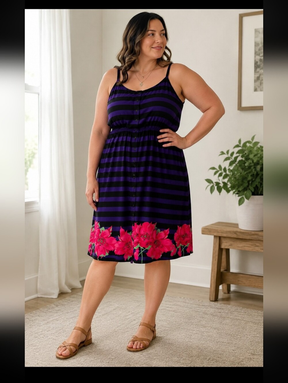 Penningtons Size X 14/16 Plus Mid Size Striped Purple Black Floral Hem Sundress